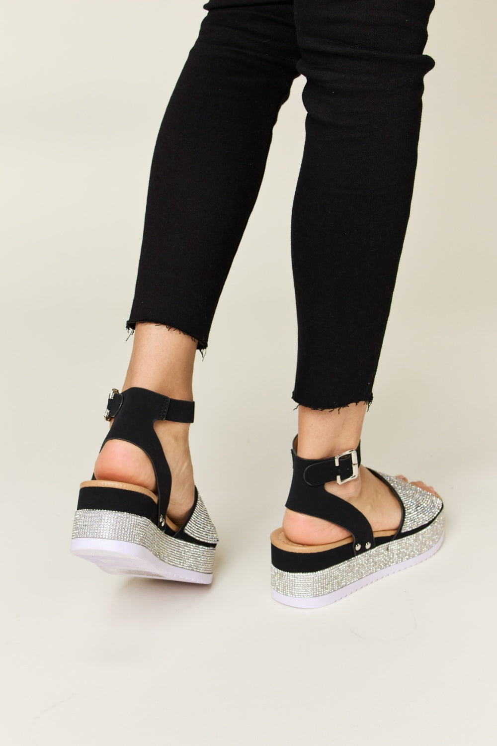 Reese Montclair — Forever Link Rhinestone Buckle Strappy Wedge Sandals Black Fashion Footwear, alternate view 3