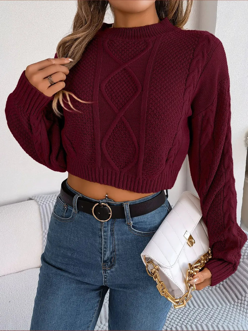 Paris Moreau — Cable-Knit Round Neck Cropped Sweater, alternate view 6