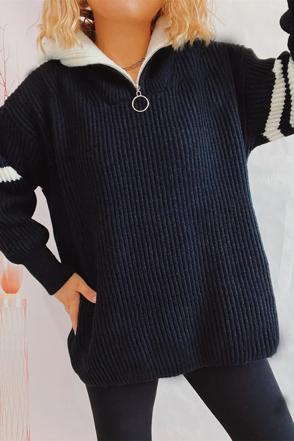 Reese Valmont — Quarter Zip Striped Dropped Shoulder Sweater, alternate view 6