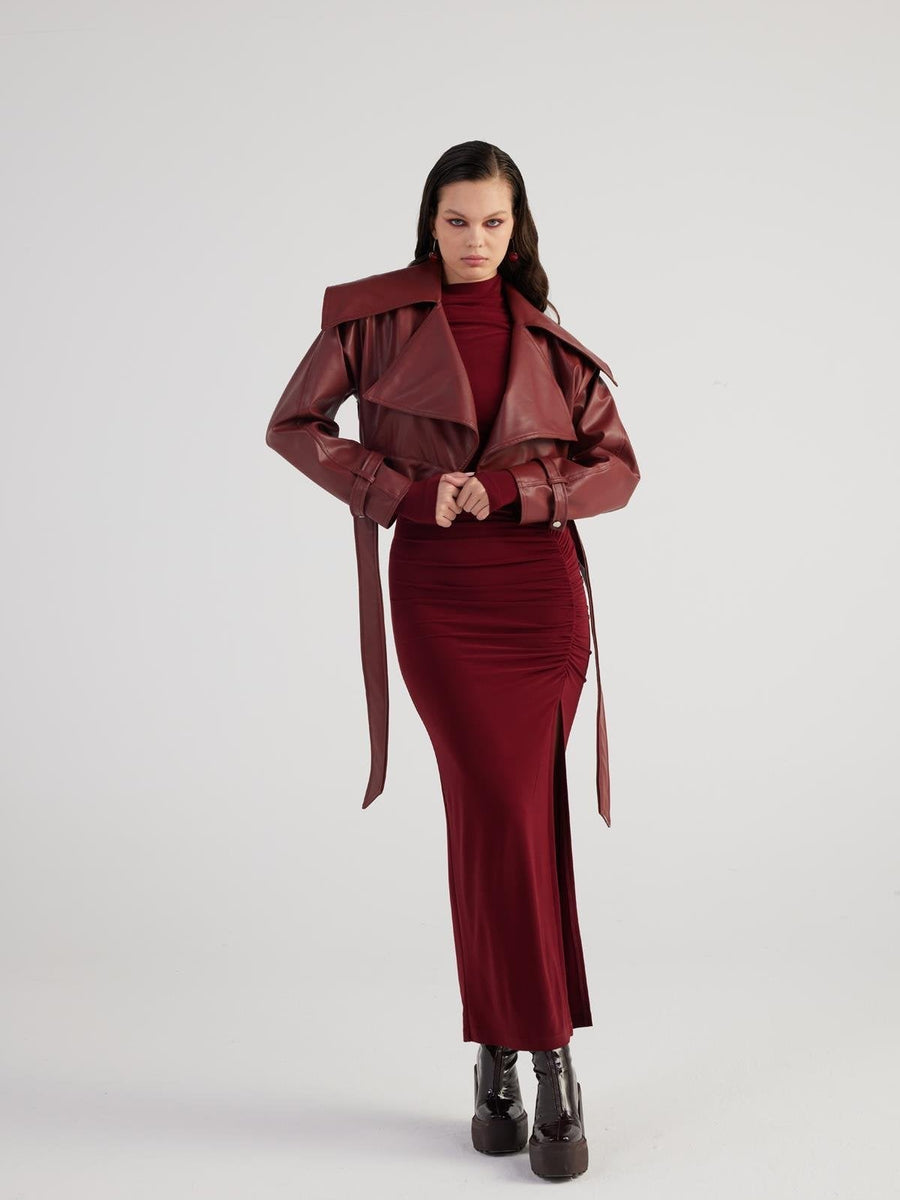 Neeko Burgundy Faux Leather Cropped Jacket-2