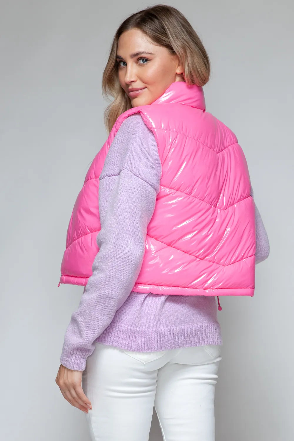 Fable Rosetti — Snobbish Zip Up Turtleneck Shiny Quilted Vest Hot Pink Sweater or Cardigan, alternate view 2