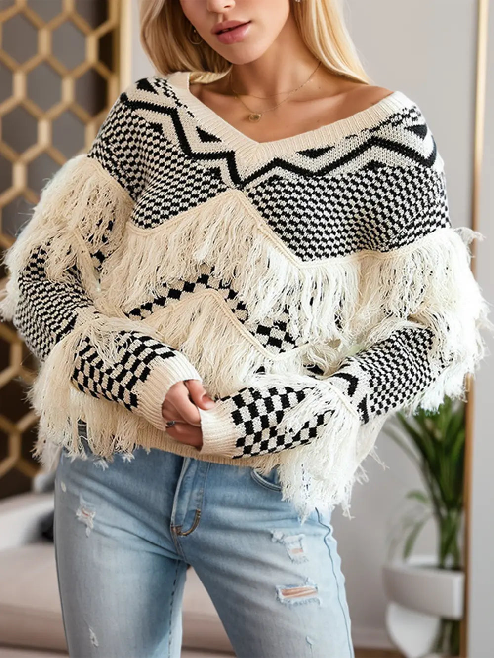 Perrin Bellamy — Geometric Fringe Detail V-Neck Sweater, alternate view 3