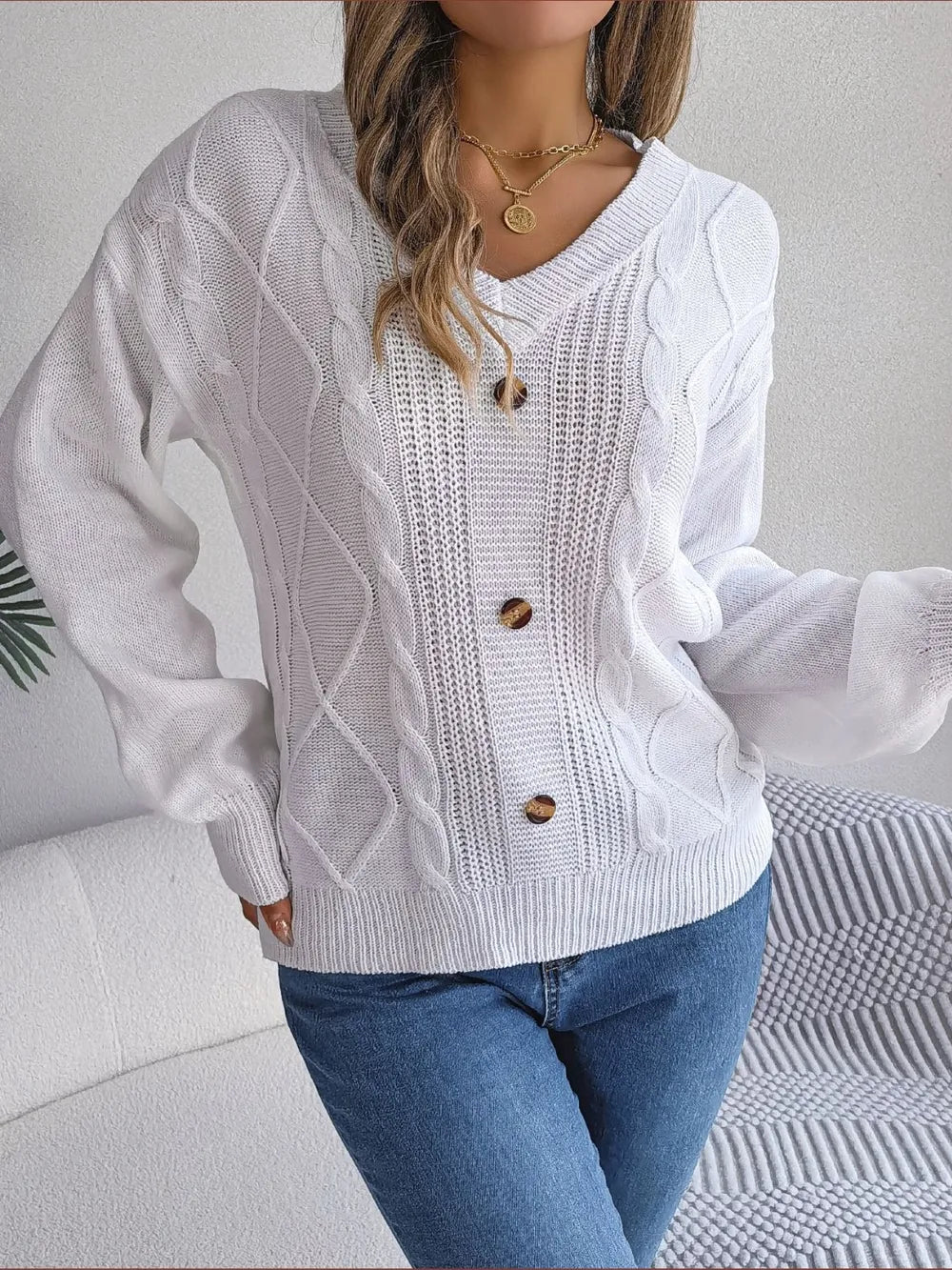 Quinn Rivière — Cable-Knit Buttoned V-Neck Sweater, alternate view 5