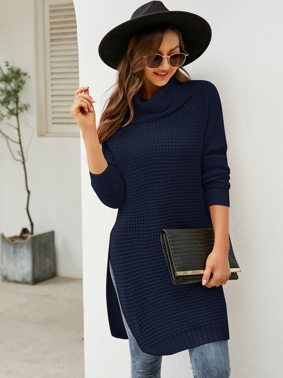 Blaise Rivière — Turtleneck Waffle-Knit Slit Sweater Dress, alternate view 5