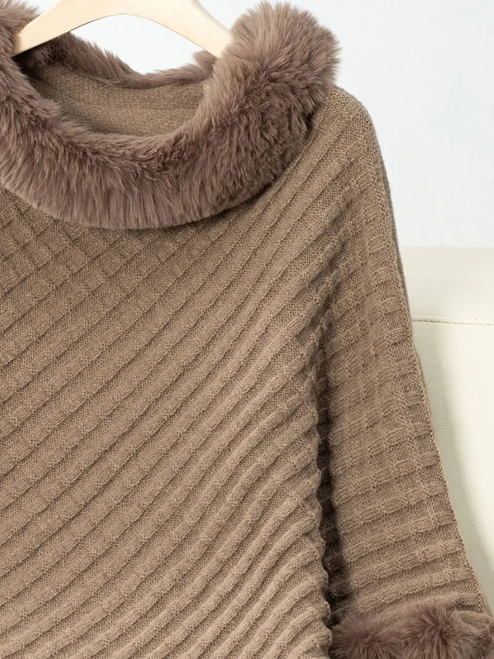 Reese Versailles — Fuzzy Trim Texture Three-Quarter Sleeve Poncho, alternate view 9