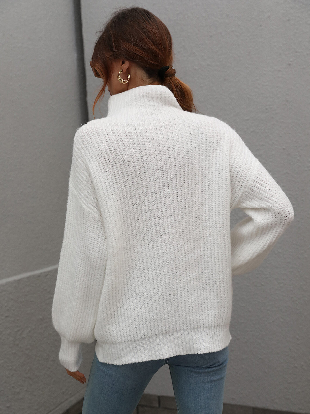 Perrin Moreau — Woven Right High Neck Balloon Sleeve Rib-Knit Pullover Sweater, alternate view 8