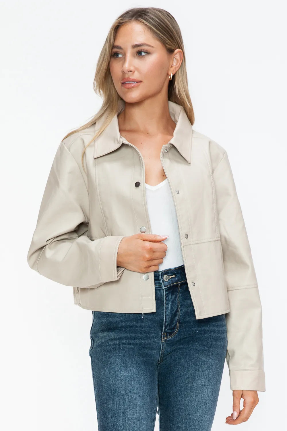Ellis Rosetti — Snobbish Snap Down Long Sleeve PU Leather Jacket, alternate view 6