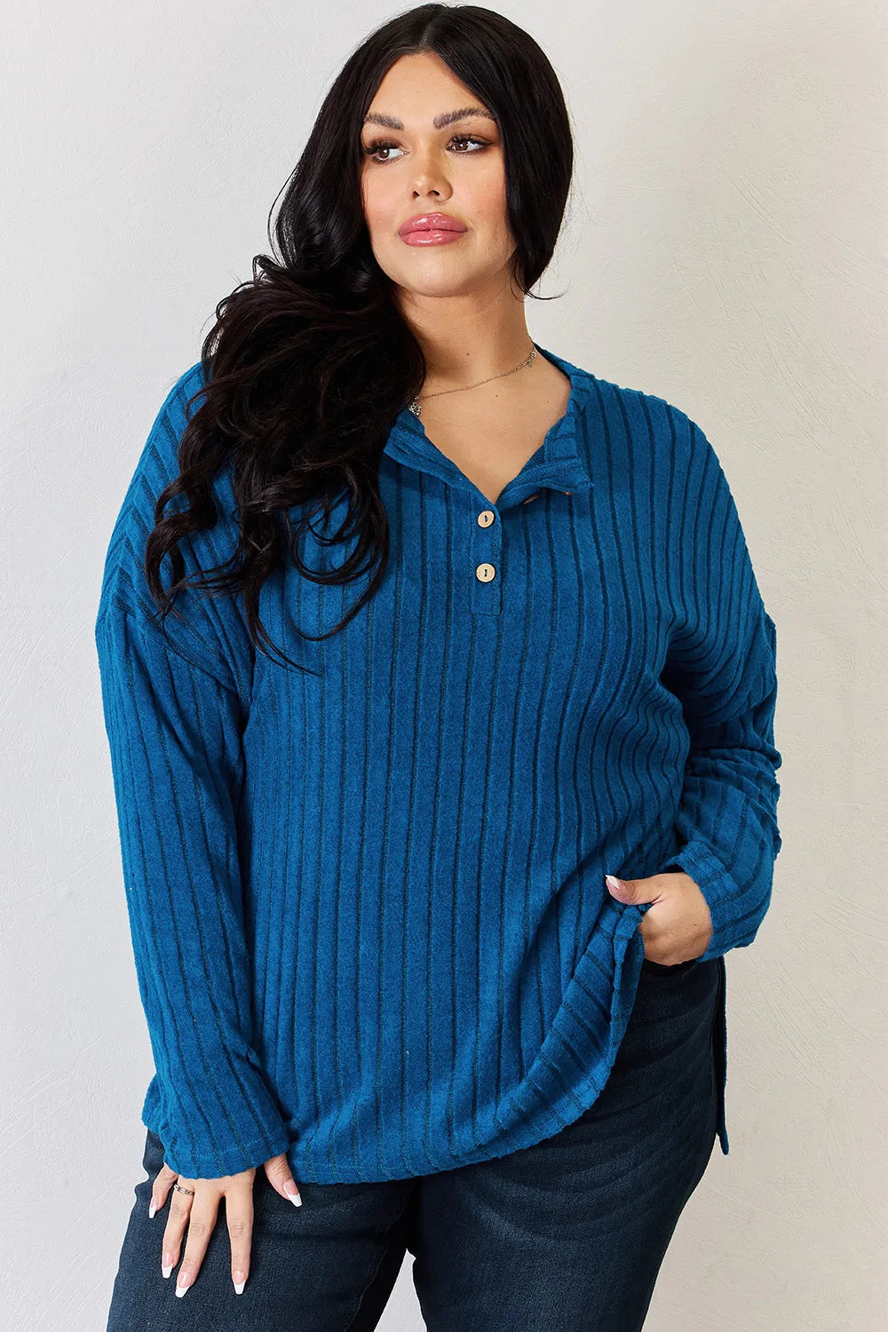 Noa Rousseau — Basic Bae Full Size Ribbed Half Button Long Sleeve High-Low T-Shirt, alternate view 6