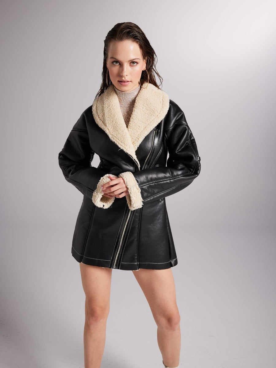 Monero Black Vegan Faux Leather Coat with Fur Lining