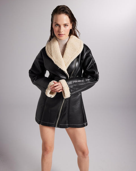 Monero Black Vegan Faux Leather Coat with Fur Lining