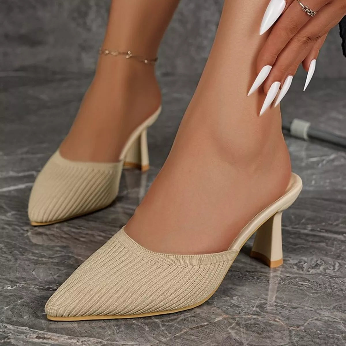 Lake Fiorenza — Point Toe Block Heels Sandals Beige Fashion Footwear, alternate view 5