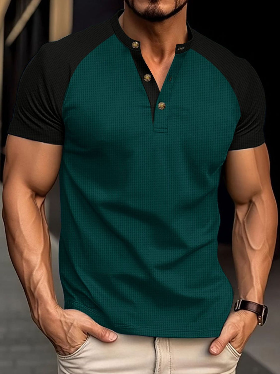 Men's Full Size Waffle-Knit Round Neck Contrast Polo Plus Size - Opulent Empire