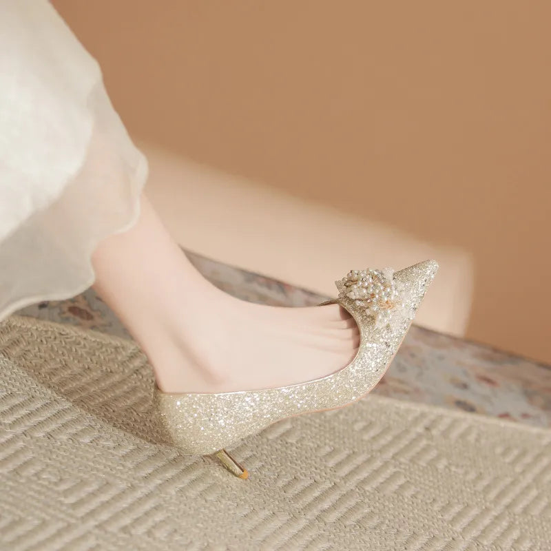 Blaise Sorrento — Pearl Detail Point Toe Pumps Gold Fashion Footwear, alternate view 4