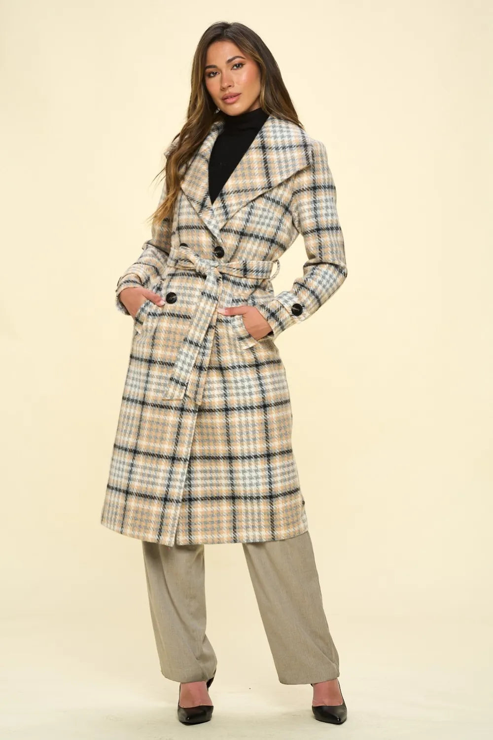 Dove Saint-Clair — Coalition LA Double-Breasted Plaid Coat with Belt, alternate view 3