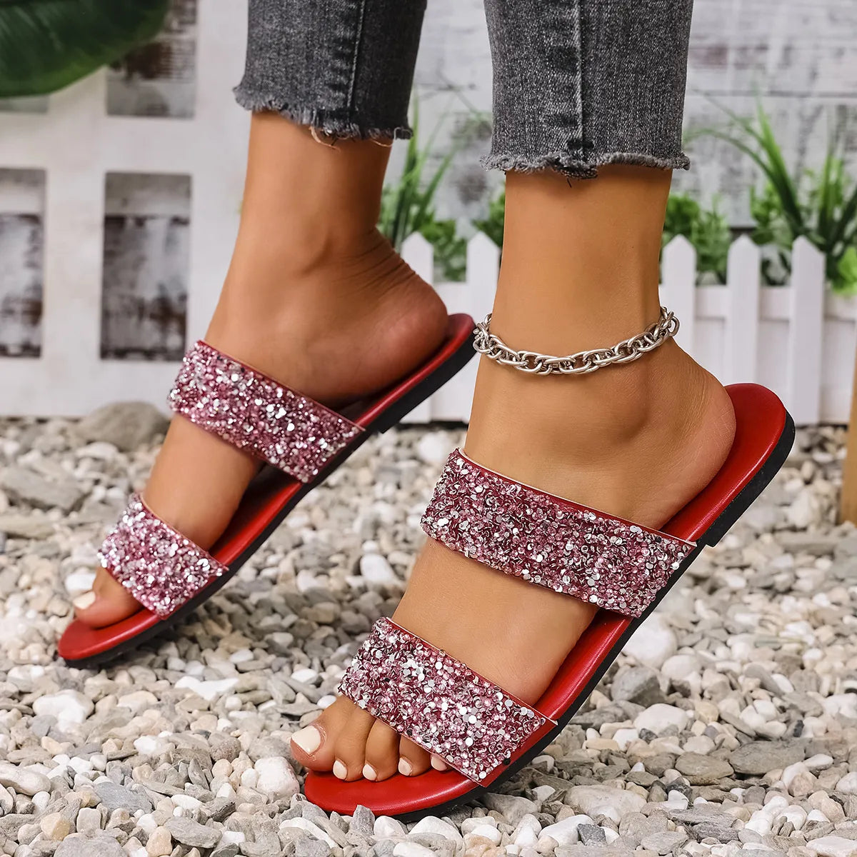Harbor Marino — Sequin Open Toe Flats Sandals Fashion Footwear, alternate view 14