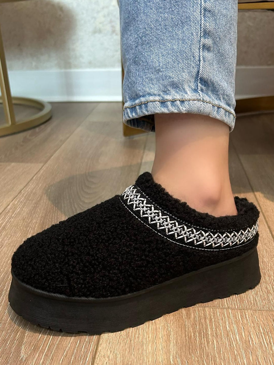 Quinn Laurent — WILD DIVA Embroidered Trim Platform Sherpa Boots Black Fashion Footwear