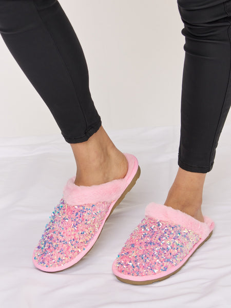 Forever Link Sequin Plush Round Toe Slippers - Opulent Empire