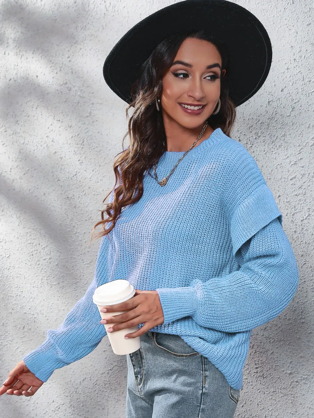 Harbor Bellamy — Ruffled Round Neck Dropped Shoulder Sweater, alternate view 6