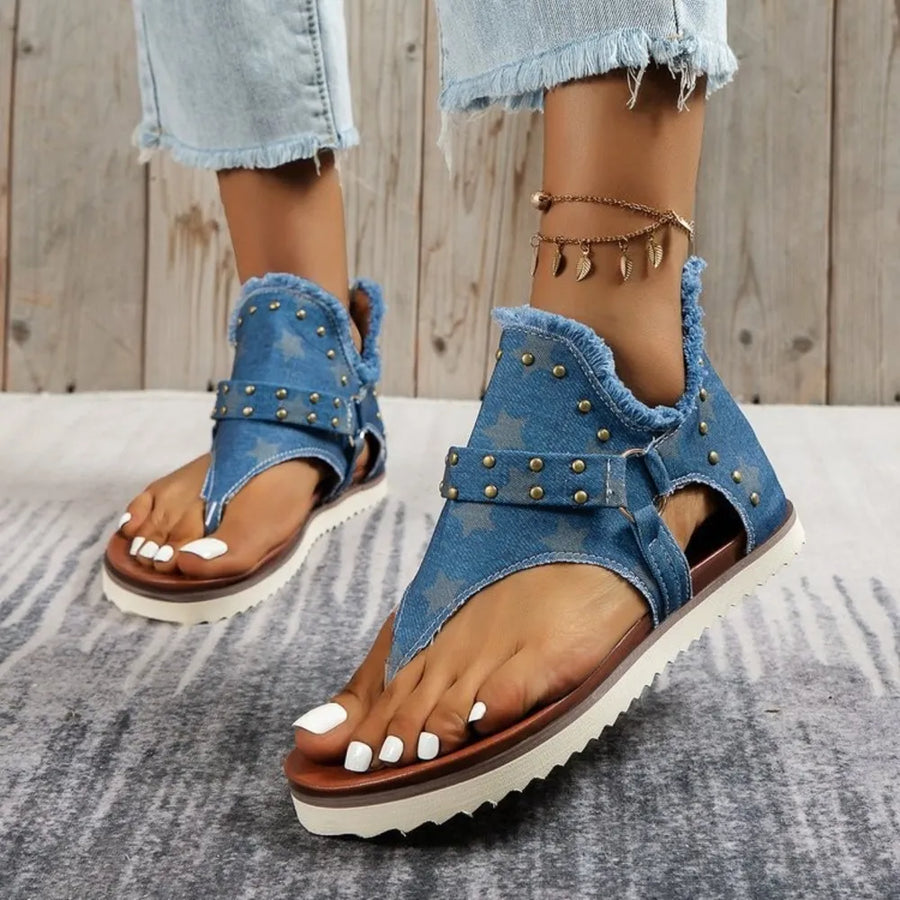 Nova Venturi — Studded Raw Hem Flat Sandals Fashion Footwear