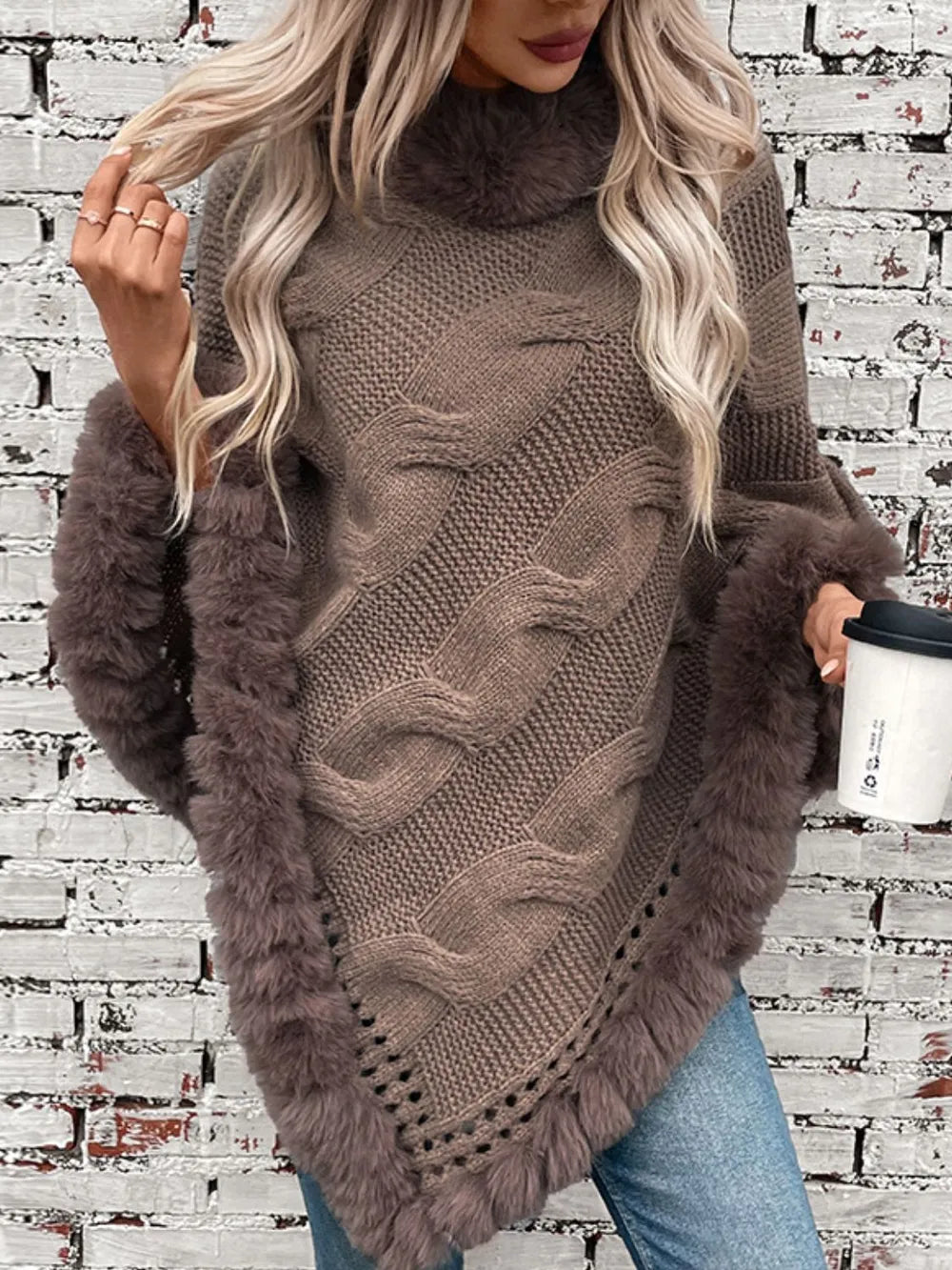 Cove Versailles — Fuzzy Hem Cable-Knit Poncho