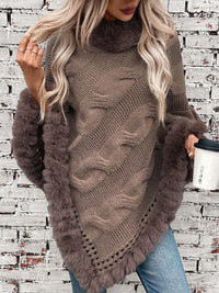 Cove Versailles — Fuzzy Hem Cable-Knit Poncho