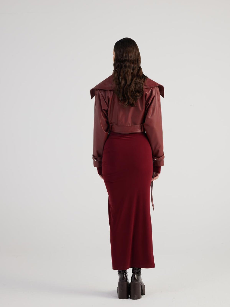 Neeko Burgundy Faux Leather Cropped Jacket-4