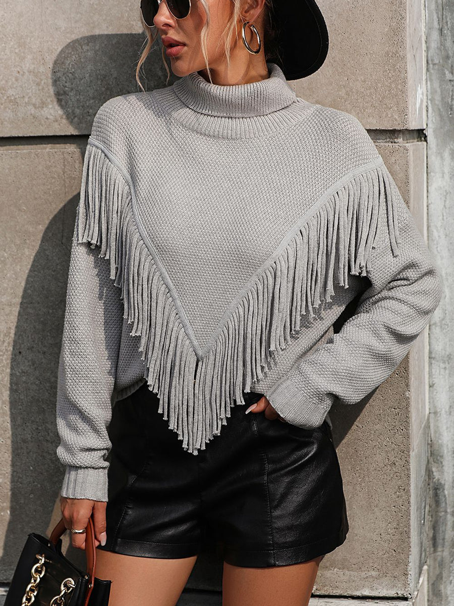 Turtle Neck Tassel Front Long Sleeve Pullover Sweater