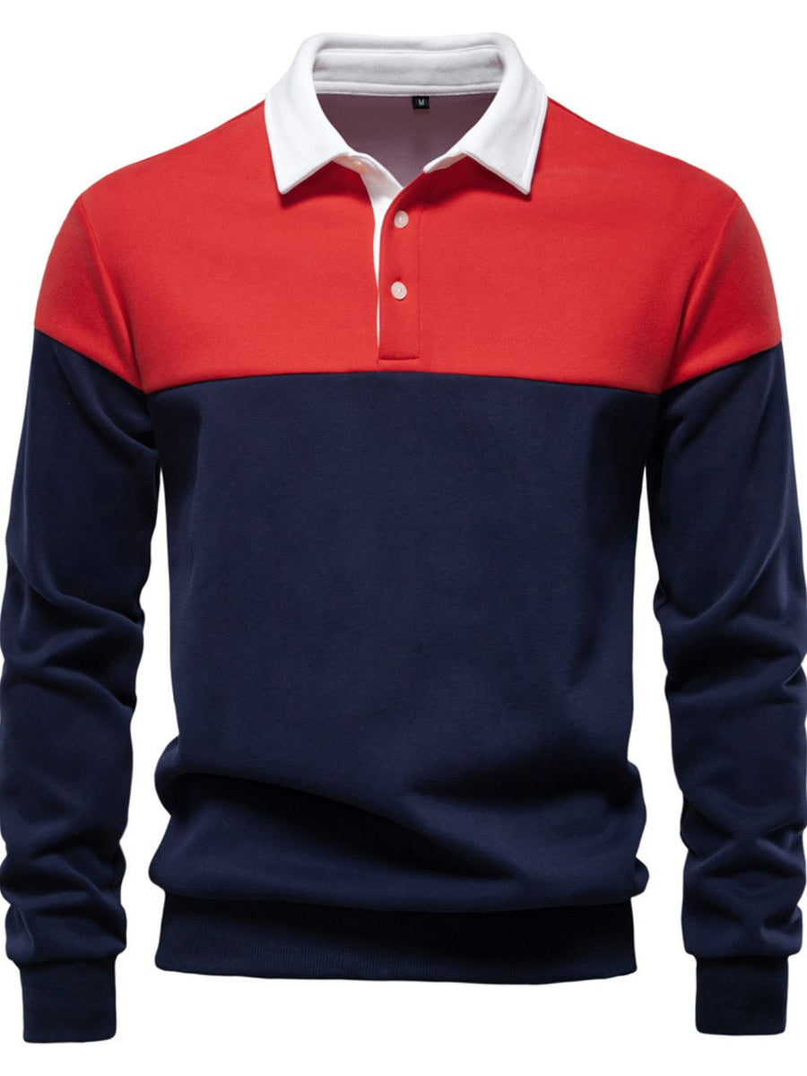 Men's Collared Neck Contrast Long Sleeve Polo - Opulent Empire