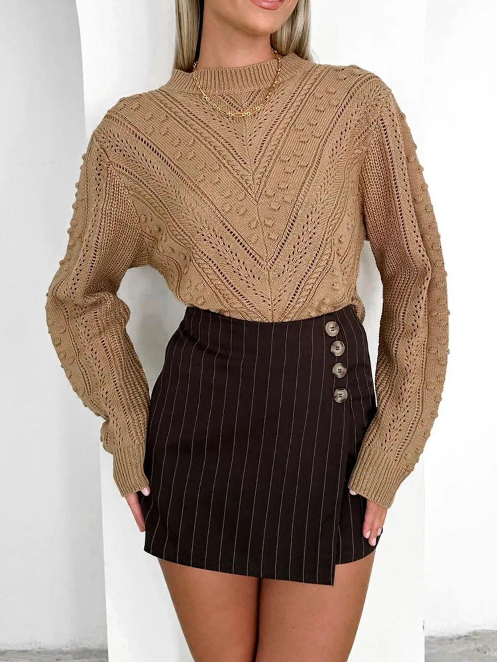 Lior Rivière — Perfee Openwork Round Neck Long Sleeve Sweater, alternate view 2