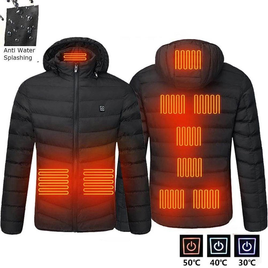Boreal Arden black hooded heated jacket, front and back heating illustration