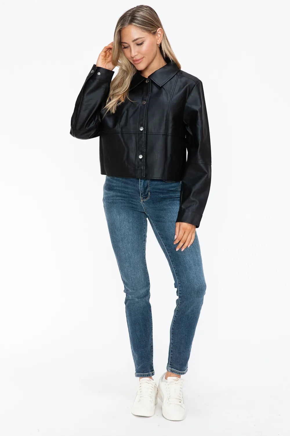 Rain Saint-Clair — Snobbish Snap Down Long Sleeve PU Leather Jacket, alternate view 10
