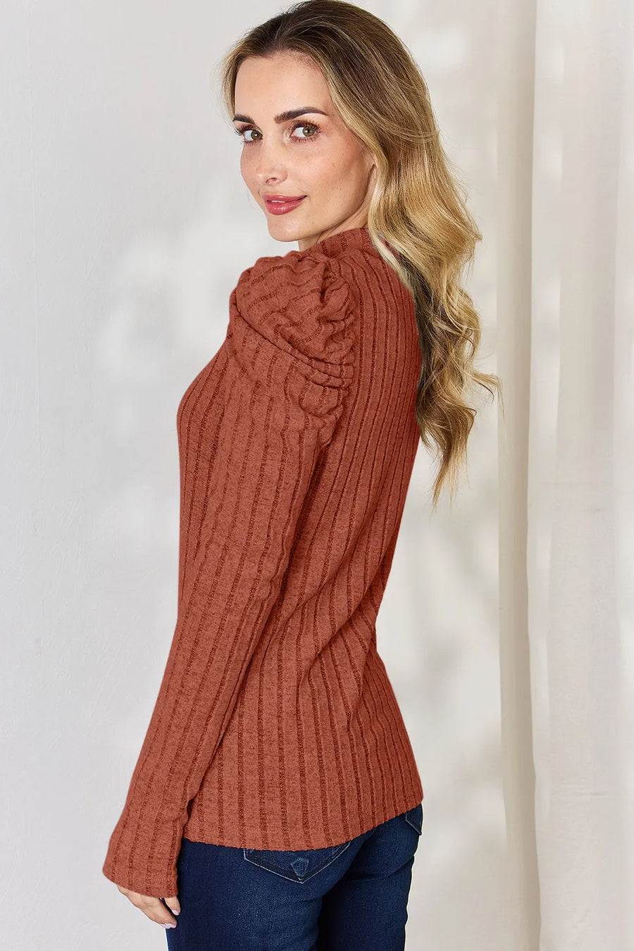 Ciel Delacroix — Basic Bae Full Size Ribbed Mock Neck Puff Sleeve T-Shirt, alternate view 2