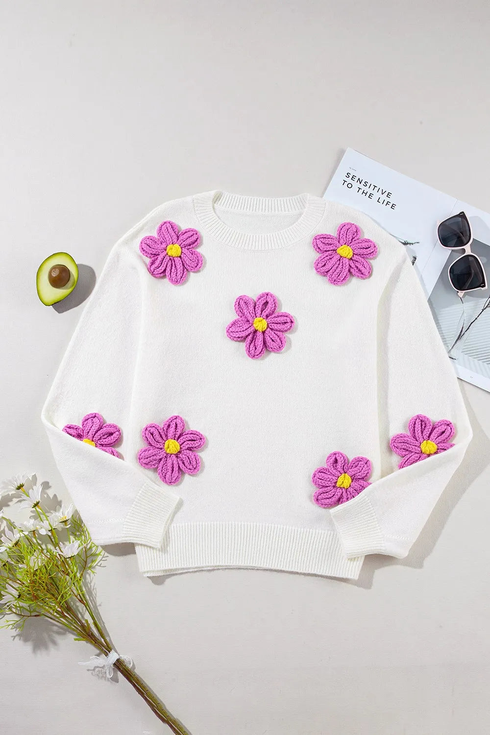 Rowan Delacroix — Crochet Flower Round Neck Long Sleeve Sweater, alternate view 7