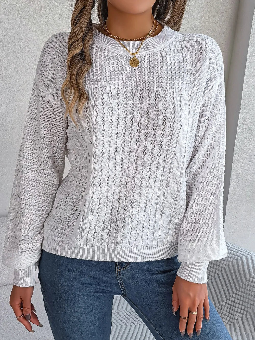 Sage Delacroix — Cable-Knit Round Neck Long Sleeve Sweater, alternate view 5