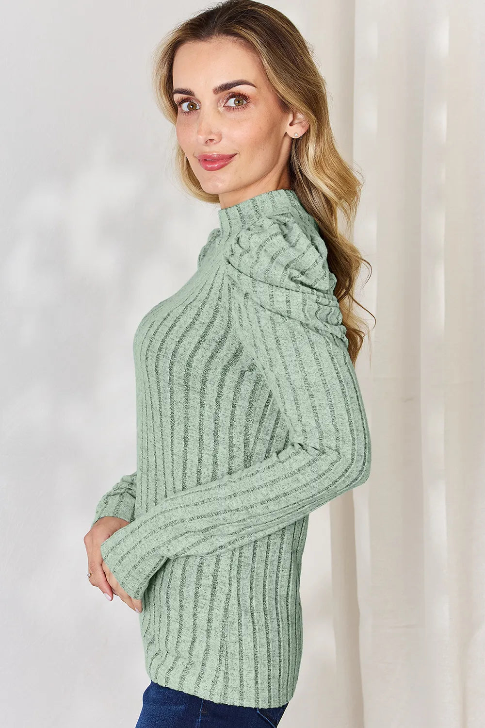 Ciel Delacroix — Basic Bae Full Size Ribbed Mock Neck Puff Sleeve T-Shirt, alternate view 18
