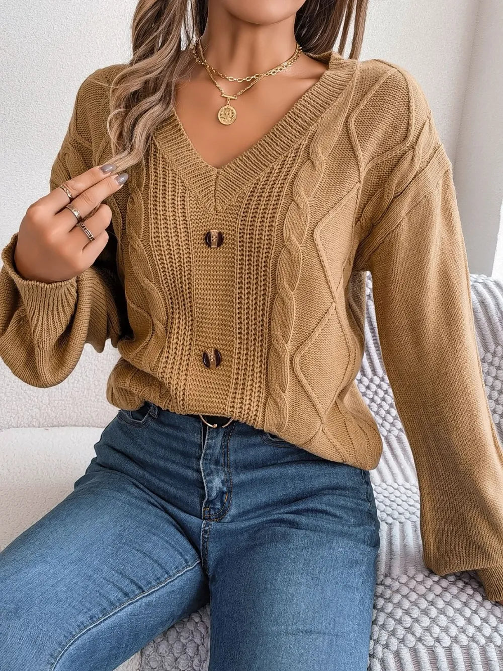 Quinn Rivière — Cable-Knit Buttoned V-Neck Sweater, alternate view 8