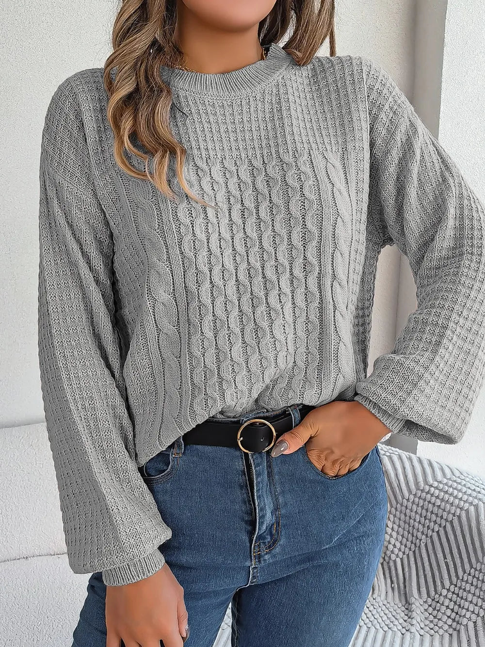 Sage Delacroix — Cable-Knit Round Neck Long Sleeve Sweater, alternate view 10