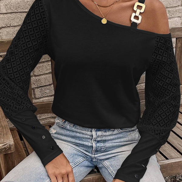 Asymmetrical Neck Lace Long Sleeve T-Shirt - Opulent EmpireAsymmetrical Neck Lace Long Sleeve T-ShirtOpulent Empire