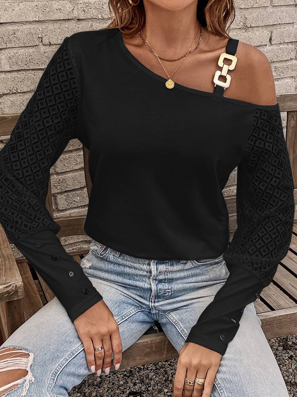 Asymmetrical Neck Lace Long Sleeve T-Shirt - Opulent EmpireAsymmetrical Neck Lace Long Sleeve T-ShirtOpulent Empire