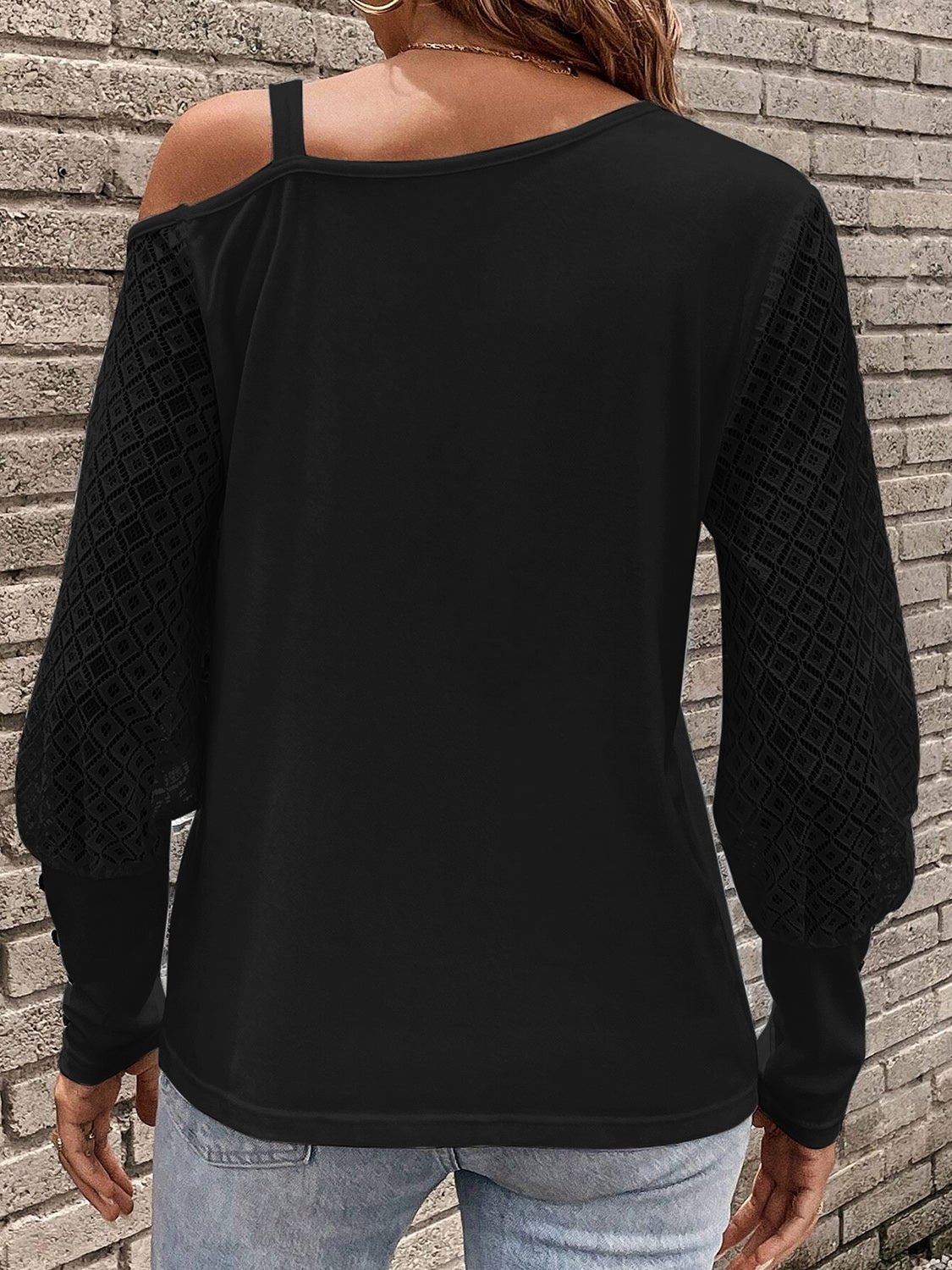 Asymmetrical Neck Lace Long Sleeve T-Shirt - Opulent EmpireAsymmetrical Neck Lace Long Sleeve T-ShirtOpulent Empire