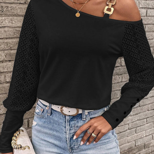 Asymmetrical Neck Lace Long Sleeve T-Shirt - Opulent EmpireAsymmetrical Neck Lace Long Sleeve T-ShirtOpulent Empire