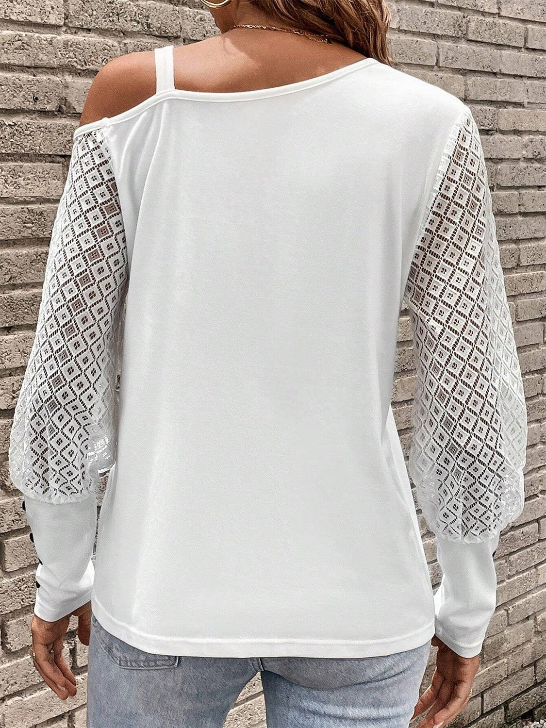 Asymmetrical Neck Lace Long Sleeve T-Shirt - Opulent EmpireAsymmetrical Neck Lace Long Sleeve T-ShirtOpulent Empire