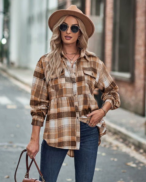 Autumn and Winter New Lapel Long Sleeve Pocket Casual European and American Plaid Shirt