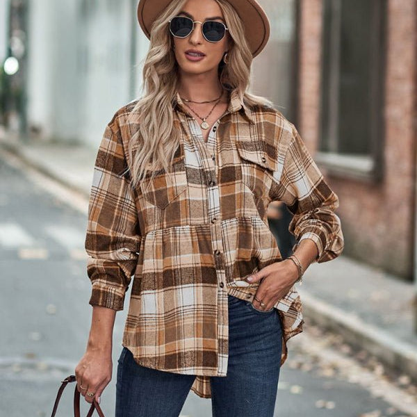 Autumn and Winter New Lapel Long Sleeve Pocket Casual European and American Plaid Shirt