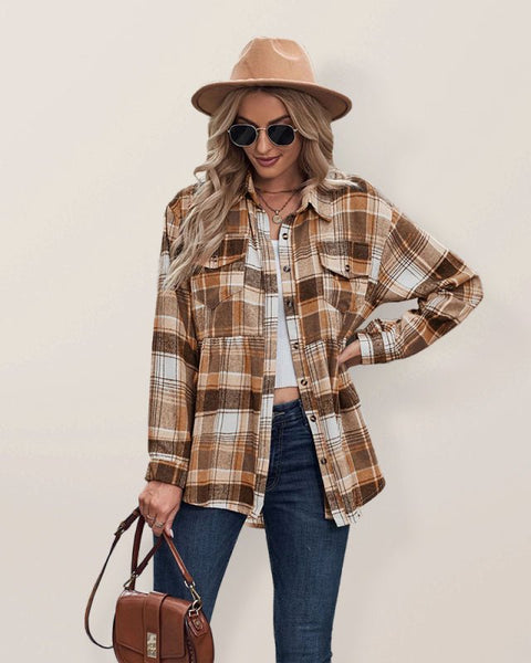 Autumn and Winter New Lapel Long Sleeve Pocket Casual European and American Plaid Shirt