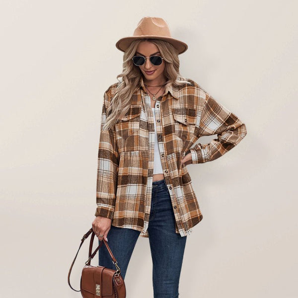 Autumn and Winter New Lapel Long Sleeve Pocket Casual European and American Plaid Shirt