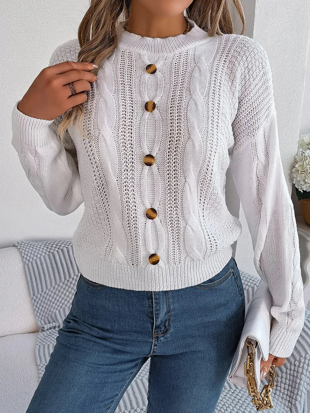 Wren Valmont — Cable-Knit Buttoned Round Neck Sweater, alternate view 5
