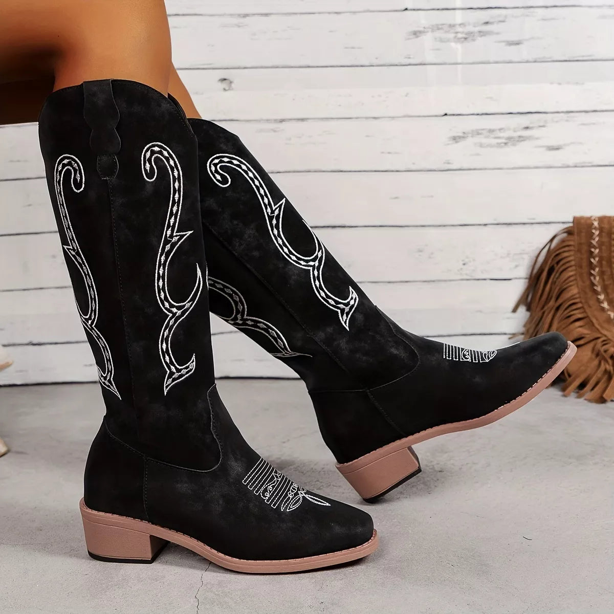 Perrin Marino — Embroidered Round Toe Block Heels Boots Fashion Footwear, alternate view 2