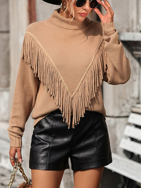 Turtle Neck Tassel Front Long Sleeve Pullover Sweater