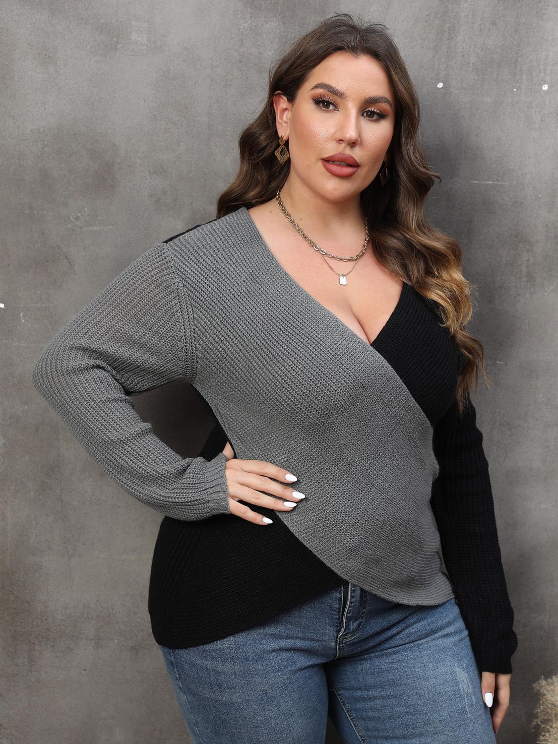 Aster Rousseau — Plus Size Two-Tone Surplice Neck Sweater, alternate view 5